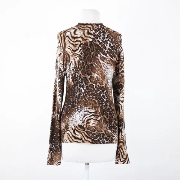 Alberto Makali Sz M Brown White Beaded V Neck Animal Print Viscose Spandex Top - Picture 6 of 16